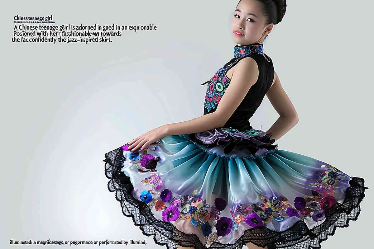 chinese teen girl is wearing an elegant and stylish dress with a jazz skirt, face to the front perfect for a dance competition or performance, on a grand stage, spotlight, The dress features intricate floral patterns on the top half in black, purple and blue colors, while its short length features turquoise lace pastel ruffles that add depth to her figure. She is posing confidently against a white background, showcasing the beauty of movement and style that make it ideal for dancing styles like contemporary jazz,  - style2部分