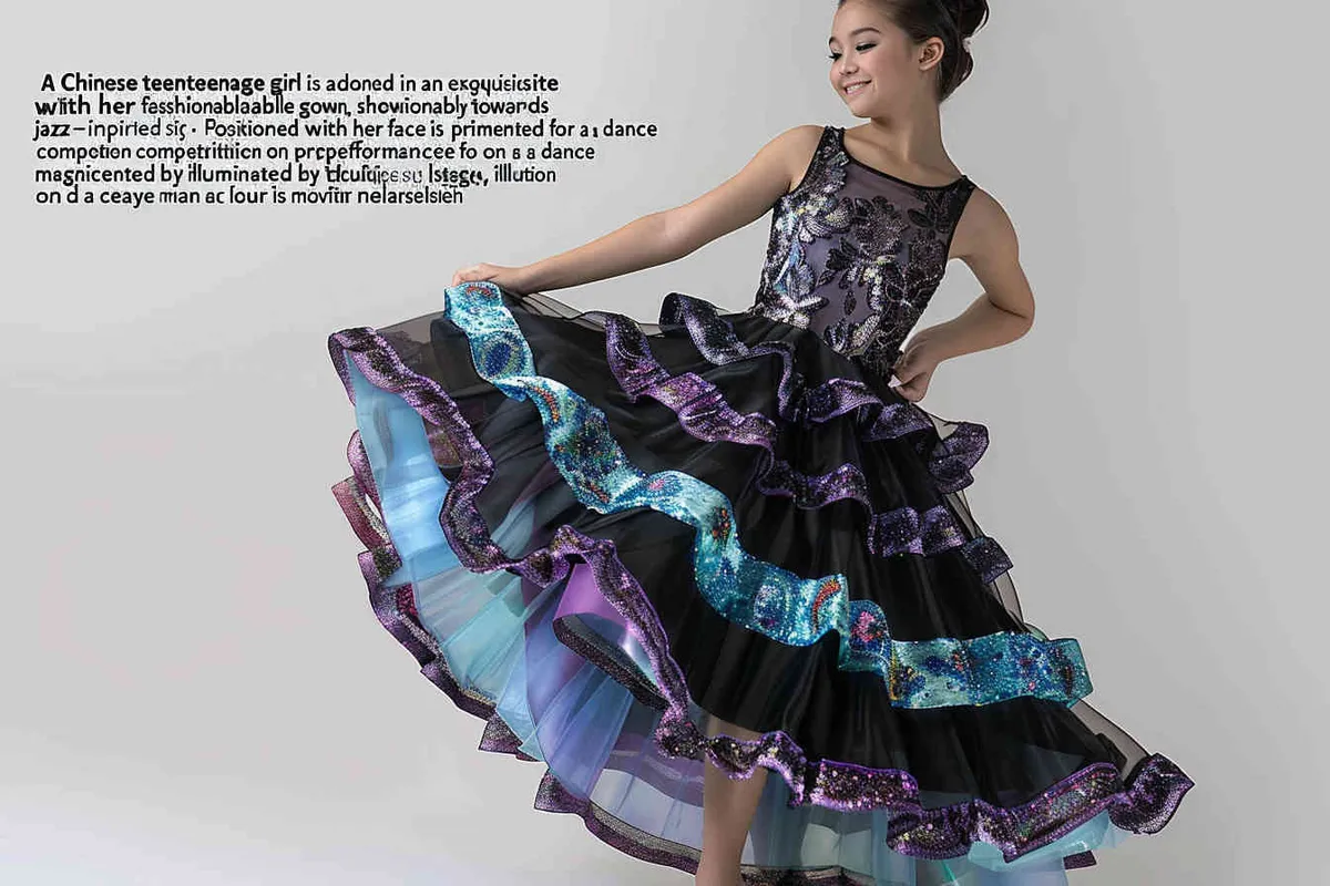 chinese teen girl is wearing an elegant and stylish dress with a jazz skirt, face to the front perfect for a dance competition or performance, on a grand stage, spotlight, The dress features intricate floral patterns on the top half in black, purple and blue colors, while its short length features turquoise lace pastel ruffles that add depth to her figure. She is posing confidently against a white background, showcasing the beauty of movement and style that make it ideal for dancing styles like contemporary jazz,  - style3部分