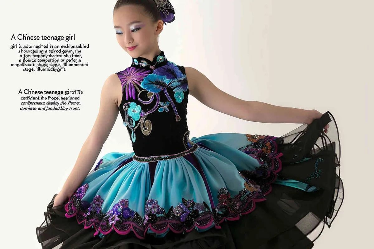 chinese teen girl is wearing an elegant and stylish dress with a jazz skirt, face to the front perfect for a dance competition or performance, on a grand stage, spotlight, The dress features intricate floral patterns on the top half in black, purple and blue colors, while its short length features turquoise lace pastel ruffles that add depth to her figure. She is posing confidently against a white background, showcasing the beauty of movement and style that make it ideal for dancing styles like contemporary jazz,  - style4部分