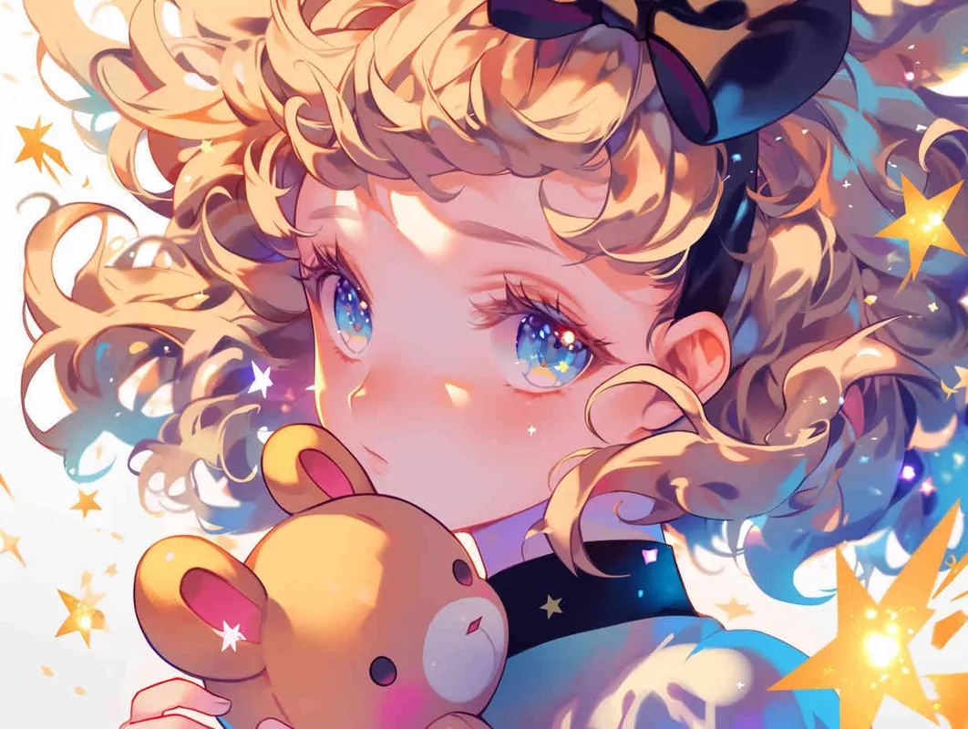 A cute girl with curly hair, wearing a black headband and bow on her forehead, holding a teddy bear in her hand, surrounded by stars on a white background, in the style of anime with simple lines, soft lighting, warm colors, and a cute expression – AI绘画作品展示 | Midjourney中文版生成