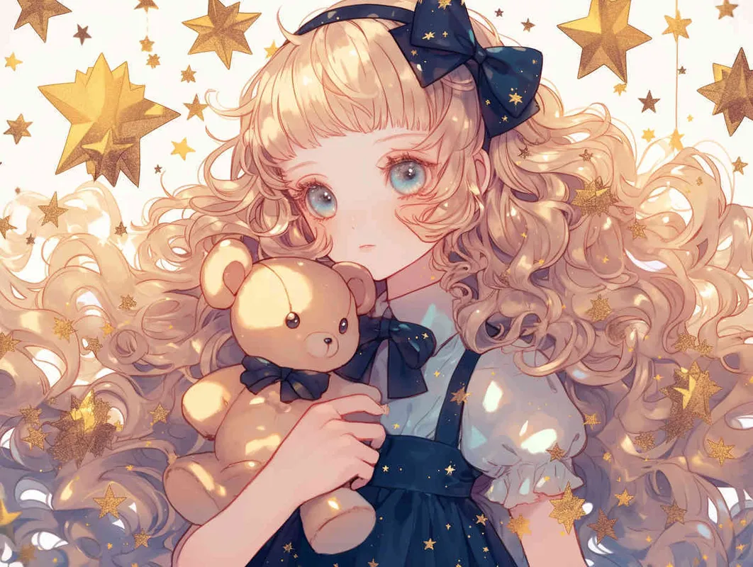 A cute girl with curly hair, wearing a black headband and bow on her forehead, holding a teddy bear in her hand, surrounded by stars on a white background, in the style of anime with simple lines, soft lighting, warm colors, and a cute expression - style2部分
