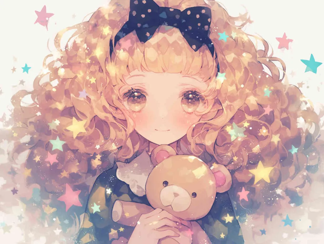 A cute girl with curly hair, wearing a black headband and bow on her forehead, holding a teddy bear in her hand, surrounded by stars on a white background, in the style of anime with simple lines, soft lighting, warm colors, and a cute expression - style3部分