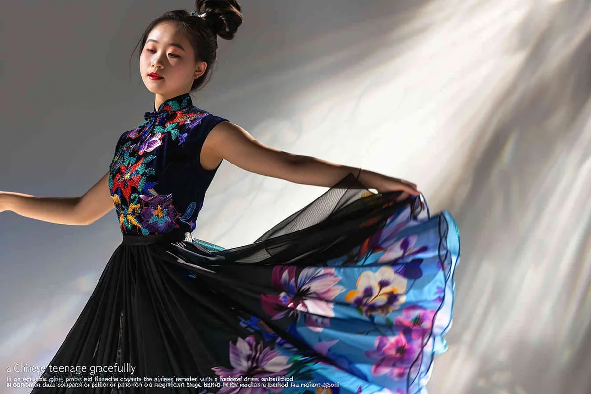 no text, chinese teen girl is wearing an elegant and stylish dress with a jazz skirt, face to the front perfect for a dance competition or performance, on a grand stage, spotlight, The dress features intricate floral patterns on the top half in black, purple and blue colors, while its short length features turquoise lace pastel ruffles that add depth to her figure. She is posing confidently against a white background, showcasing the beauty of movement and style that make it ideal for dancing styles like contemporary jazz, – AI绘画作品展示 | Midjourney中文版生成