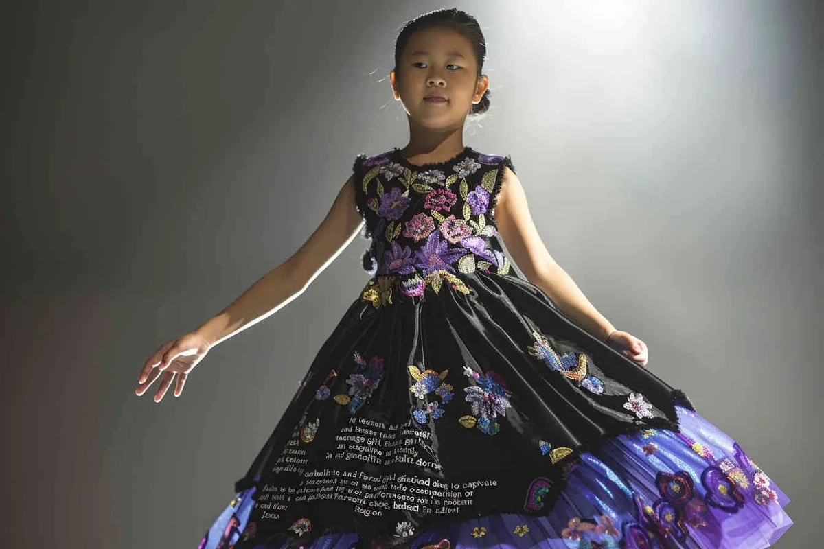 no text, chinese teen girl is wearing an elegant and stylish dress with a jazz skirt, face to the front perfect for a dance competition or performance, on a grand stage, spotlight, The dress features intricate floral patterns on the top half in black, purple and blue colors, while its short length features turquoise lace pastel ruffles that add depth to her figure. She is posing confidently against a white background, showcasing the beauty of movement and style that make it ideal for dancing styles like contemporary jazz, - style2部分
