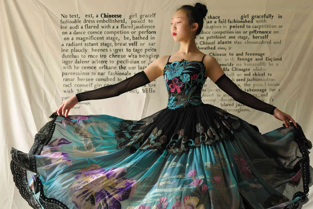 no text, chinese teen girl is wearing an elegant and stylish dress with a jazz skirt, face to the front perfect for a dance competition or performance, on a grand stage, spotlight, The dress features intricate floral patterns on the top half in black, purple and blue colors, while its short length features turquoise lace pastel ruffles that add depth to her figure. She is posing confidently against a white background, showcasing the beauty of movement and style that make it ideal for dancing styles like contemporary jazz, - style3部分