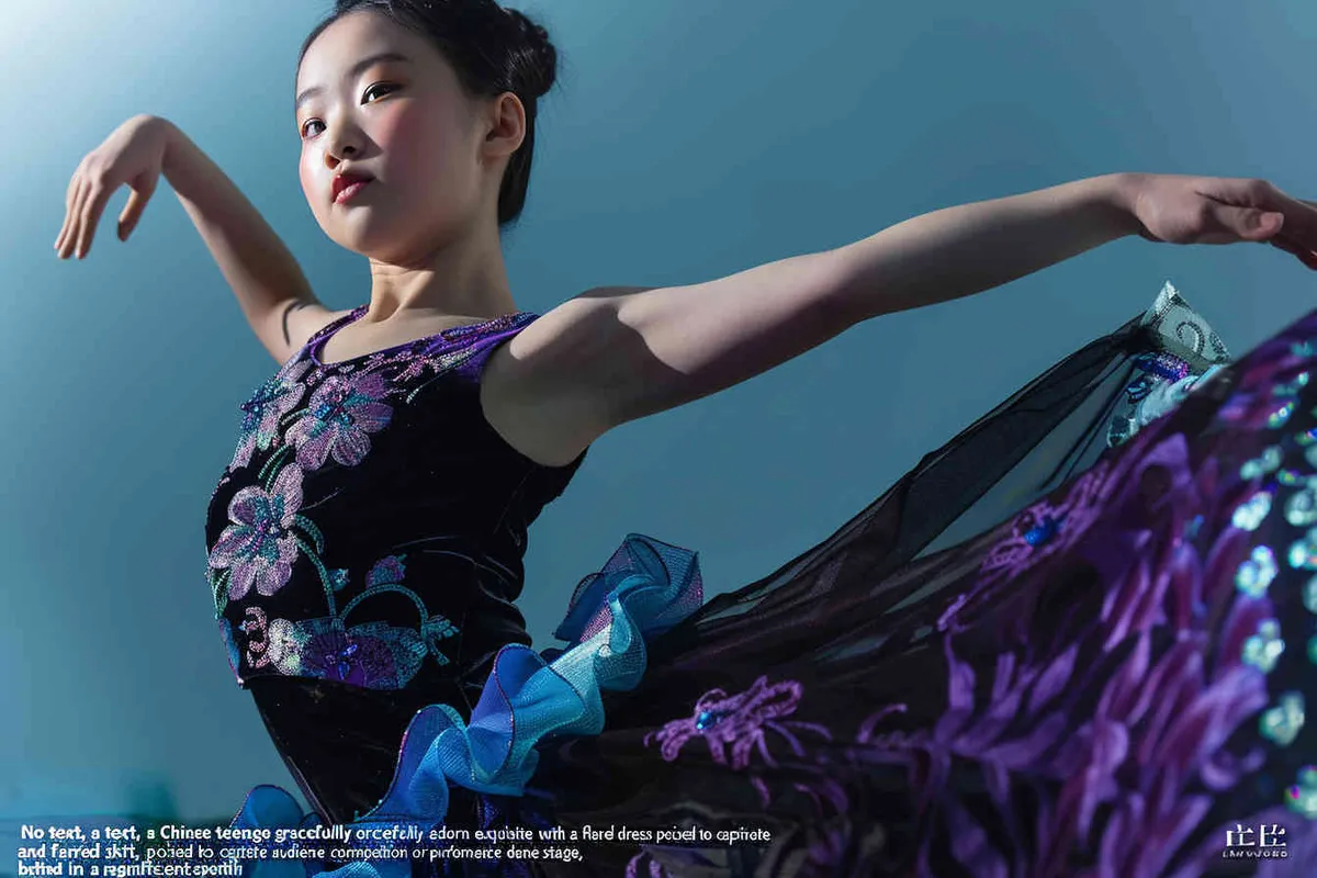 no text, chinese teen girl is wearing an elegant and stylish dress with a jazz skirt, face to the front perfect for a dance competition or performance, on a grand stage, spotlight, The dress features intricate floral patterns on the top half in black, purple and blue colors, while its short length features turquoise lace pastel ruffles that add depth to her figure. She is posing confidently against a white background, showcasing the beauty of movement and style that make it ideal for dancing styles like contemporary jazz, - style4部分