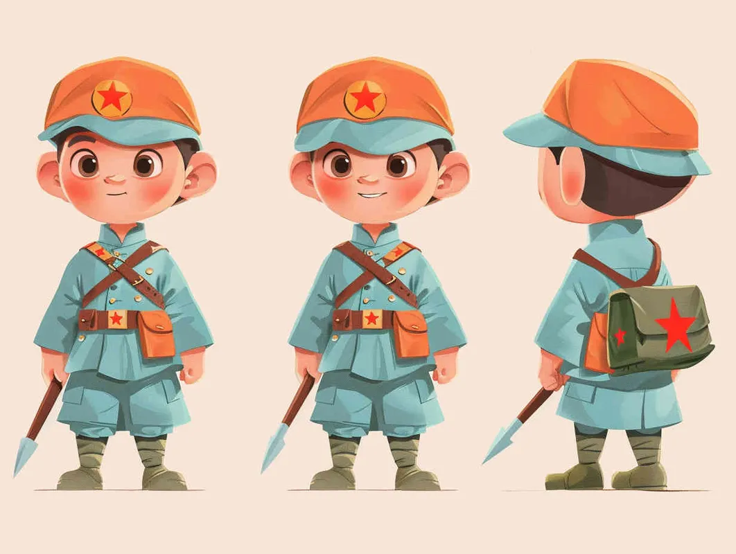 这是一副人物设计图，身穿浅蓝色中国红军军装的卡通儿童的三视图，通过正面、侧面和背面三个视角展示人物。每个人都戴着芒果头套，橙色的芒果头套包裹整个头部，只露出面部。手里拿着长刀，刀柄绑着红色布条。背着绿色帆布包，包上装饰着红色五角星。表现出开心、生动的表情。浅蓝色和橙色的调色板充满活力，在极简的背景中突出人物。这种风格非常适合儿童图书插画，线条简洁流畅，色彩大胆活泼。 - style3部分