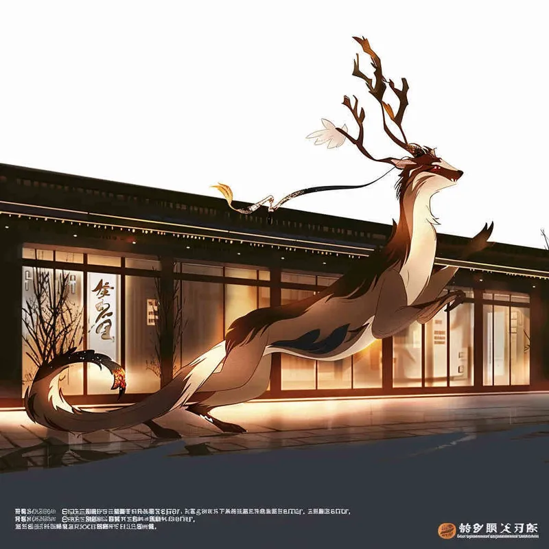 一头羚羊在空中伸展四肢，摆出一个引人注目的姿势，体型像神鹿，头顶长着四个分叉的角，尾巴像马尾，四个爪子是鸡爪的造型，向前跳跃腾空，背景是山脉丰富画面，扁平化设计，简约性 - AI绘画作品展示 | Midjourney中文版生成