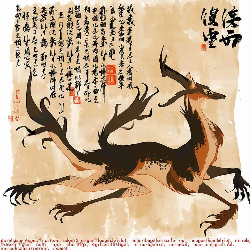 一头羚羊在空中伸展四肢，摆出一个引人注目的姿势，体型像神鹿，头顶长着四个分叉的角，尾巴像马尾，四个爪子是鸡爪的造型，向前跳跃腾空，背景是山脉丰富画面，扁平化设计，简约性 - style3部分