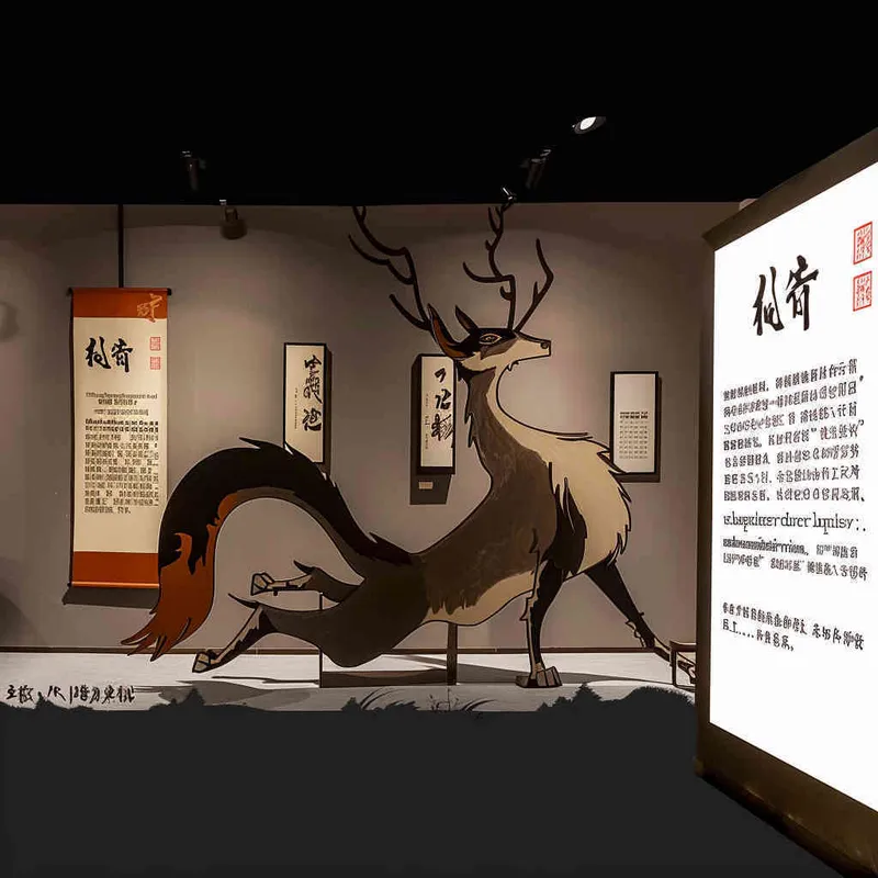 一头羚羊在空中伸展四肢，摆出一个引人注目的姿势，体型像神鹿，头顶长着四个分叉的角，尾巴像马尾，四个爪子是鸡爪的造型，向前跳跃腾空，背景是山脉丰富画面，扁平化设计，简约性 - style4部分