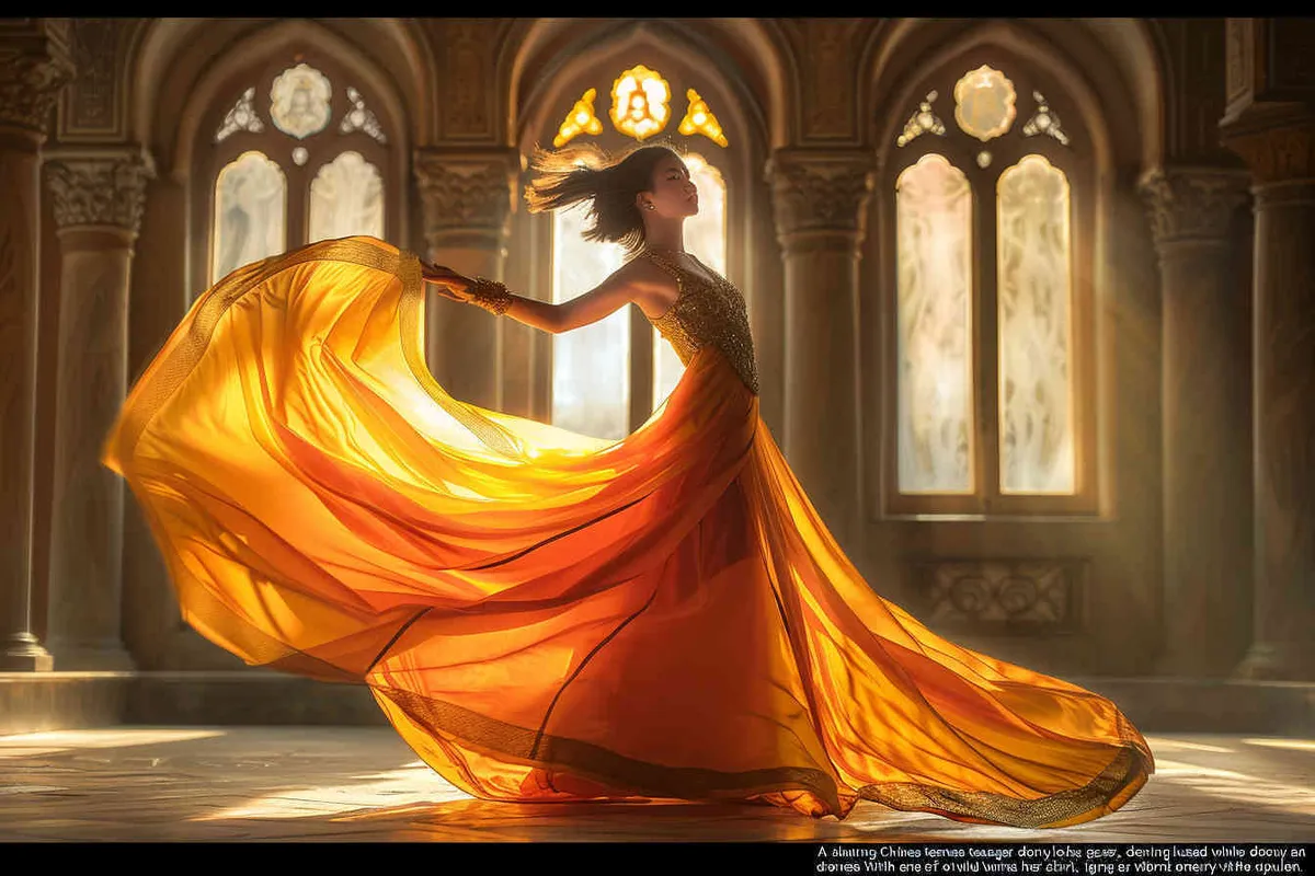 A beautiful chinese teen with long black hair, look to the front, wearing an elegant flowing dress in shades of orange and yellow. She is twirling her skirt to create dynamic movement, set against the backdrop of ornate architecture and soft natural light filtering through windows. The scene captures her graceful dance within the grandeur of historical settings. Shot in the style of Nikon D850 DSLR camera with an ultra wide angle lens at f/4 aperture setting ISO 270 for good contrast detail. - style1部分