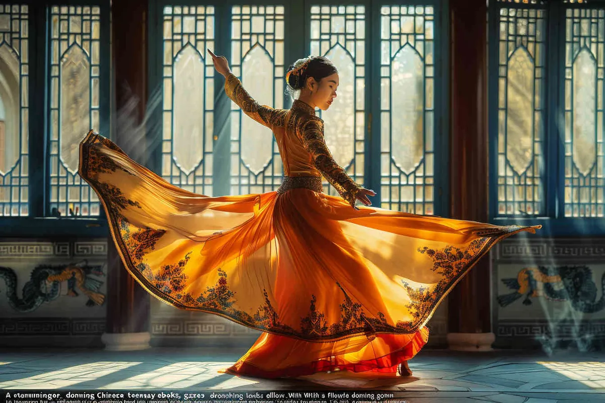 A beautiful chinese teen with long black hair, look to the front, wearing an elegant flowing dress in shades of orange and yellow. She is twirling her skirt to create dynamic movement, set against the backdrop of ornate architecture and soft natural light filtering through windows. The scene captures her graceful dance within the grandeur of historical settings. Shot in the style of Nikon D850 DSLR camera with an ultra wide angle lens at f/4 aperture setting ISO 270 for good contrast detail. - style2部分
