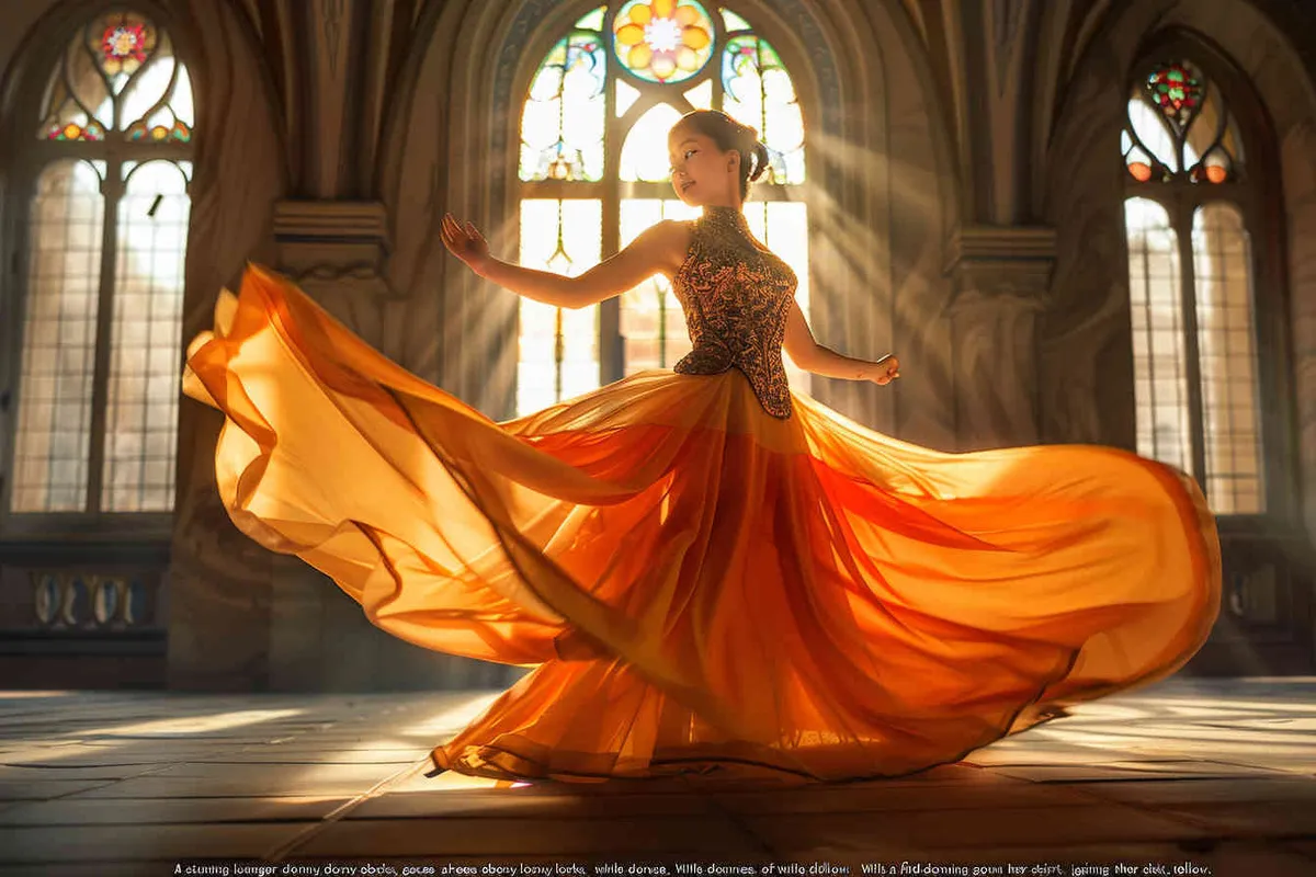 A beautiful chinese teen with long black hair, look to the front, wearing an elegant flowing dress in shades of orange and yellow. She is twirling her skirt to create dynamic movement, set against the backdrop of ornate architecture and soft natural light filtering through windows. The scene captures her graceful dance within the grandeur of historical settings. Shot in the style of Nikon D850 DSLR camera with an ultra wide angle lens at f/4 aperture setting ISO 270 for good contrast detail. - style3部分