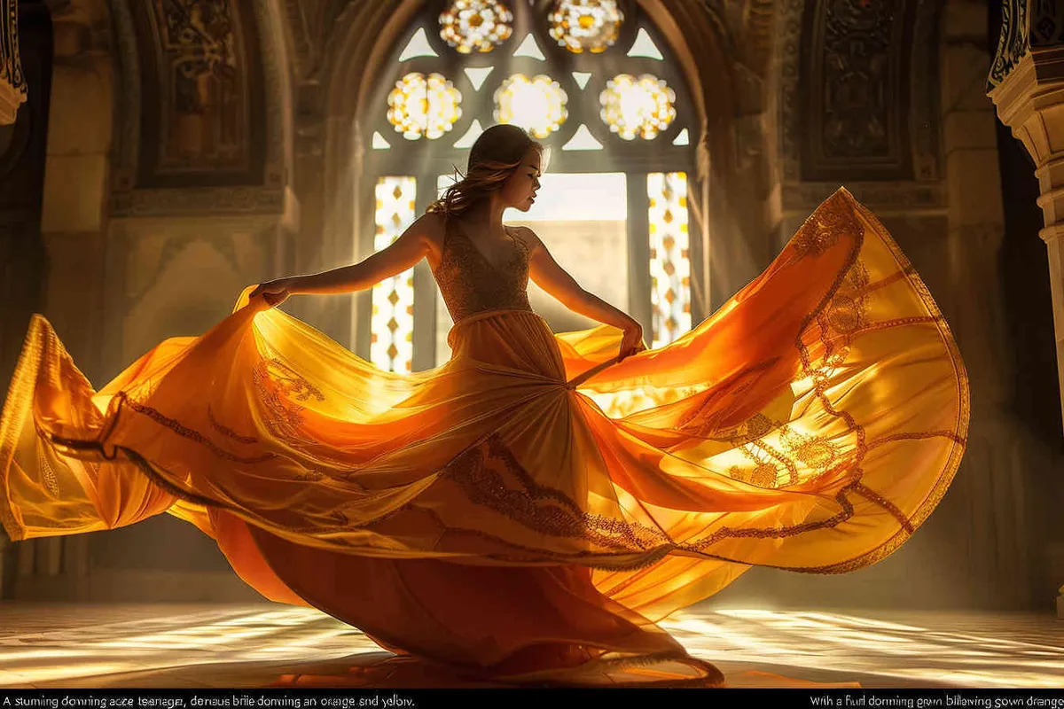 A beautiful chinese teen with long black hair, look to the front, wearing an elegant flowing dress in shades of orange and yellow. She is twirling her skirt to create dynamic movement, set against the backdrop of ornate architecture and soft natural light filtering through windows. The scene captures her graceful dance within the grandeur of historical settings. Shot in the style of Nikon D850 DSLR camera with an ultra wide angle lens at f/4 aperture setting ISO 270 for good contrast detail. - style4部分