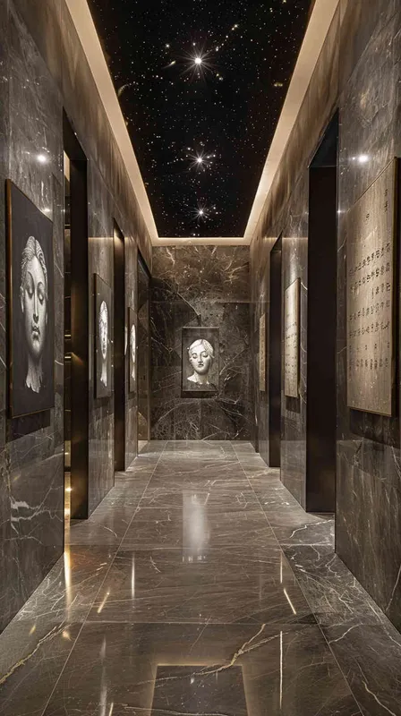 展览馆序厅设计，100平方米，人物半身像，松树背景油画，两侧诗句搭配大理石简易造型，顶面五角星光纤灯，地面深色大理石瓷砖 - style2部分