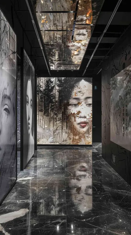 展览馆序厅设计，100平方米，人物半身像，松树背景油画，两侧诗句搭配大理石简易造型，顶面五角星光纤灯，地面深色大理石瓷砖 - style4部分