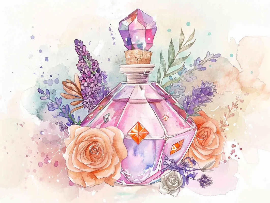 1️⃣ A watercolor realistic and detailed illustration of an elegant crystal bottle with orange and pink gems inside it surrounded by roses, lavender flowers and other beautiful flowers in a light blush hue and neutral calming tone. The illustration is in the style of a graphic art style, minimalist and soft lighting pastel painting hand drawing on paper with creative commons attribution and delicate details.  - style1部分