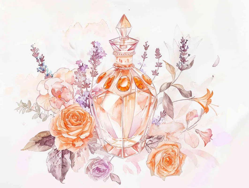 1️⃣ A watercolor realistic and detailed illustration of an elegant crystal bottle with orange and pink gems inside it surrounded by roses, lavender flowers and other beautiful flowers in a light blush hue and neutral calming tone. The illustration is in the style of a graphic art style, minimalist and soft lighting pastel painting hand drawing on paper with creative commons attribution and delicate details.  - style2部分