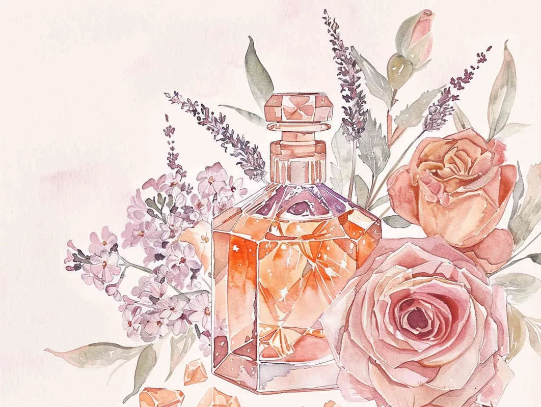 1️⃣ A watercolor realistic and detailed illustration of an elegant crystal bottle with orange and pink gems inside it surrounded by roses, lavender flowers and other beautiful flowers in a light blush hue and neutral calming tone. The illustration is in the style of a graphic art style, minimalist and soft lighting pastel painting hand drawing on paper with creative commons attribution and delicate details.  - style3部分