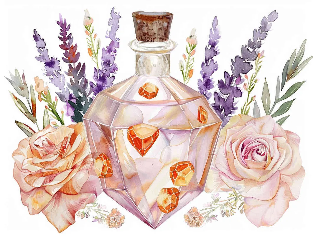 1️⃣ A watercolor realistic and detailed illustration of an elegant crystal bottle with orange and pink gems inside it surrounded by roses, lavender flowers and other beautiful flowers in a light blush hue and neutral calming tone. The illustration is in the style of a graphic art style, minimalist and soft lighting pastel painting hand drawing on paper with creative commons attribution and delicate details.  - style4部分