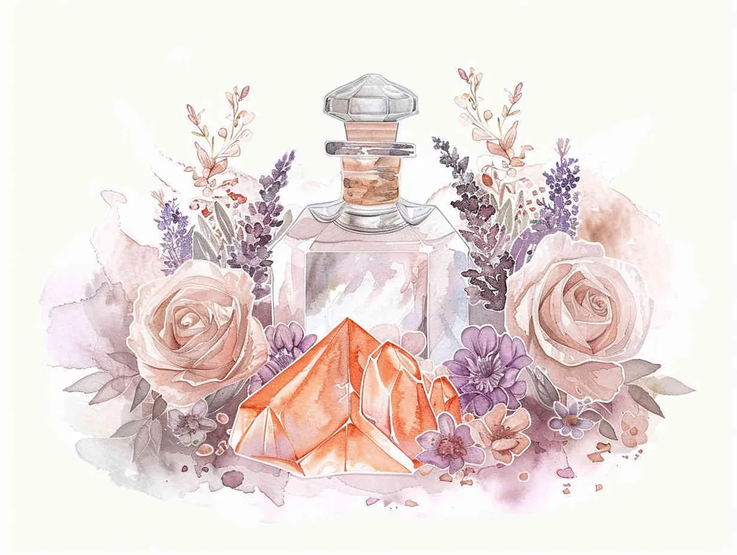 A watercolor realistic and detailed illustration of an elegant crystal bottle with orange and pink gems inside it surrounded by roses, lavender flowers and other beautiful flowers in a light blush hue and neutral calming tone. The illustration is in the style of a graphic art style, minimalist and soft lighting pastel painting hand drawing on paper with creative commons attribution and delicate details. – AI绘画作品展示 | Midjourney中文版生成