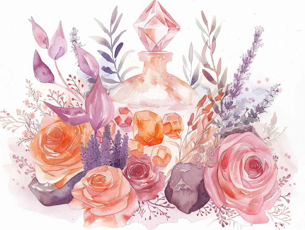 A watercolor realistic and detailed illustration of an elegant crystal bottle with orange and pink gems inside it surrounded by roses, lavender flowers and other beautiful flowers in a light blush hue and neutral calming tone. The illustration is in the style of a graphic art style, minimalist and soft lighting pastel painting hand drawing on paper with creative commons attribution and delicate details. - AI绘画作品展示 | Midjourney中文版生成