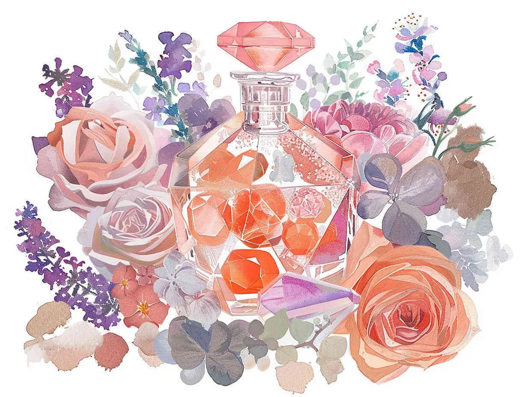 A watercolor realistic and detailed illustration of an elegant crystal bottle with orange and pink gems inside it surrounded by roses, lavender flowers and other beautiful flowers in a light blush hue and neutral calming tone. The illustration is in the style of a graphic art style, minimalist and soft lighting pastel painting hand drawing on paper with creative commons attribution and delicate details. - AI绘画作品展示 | Midjourney中文版生成