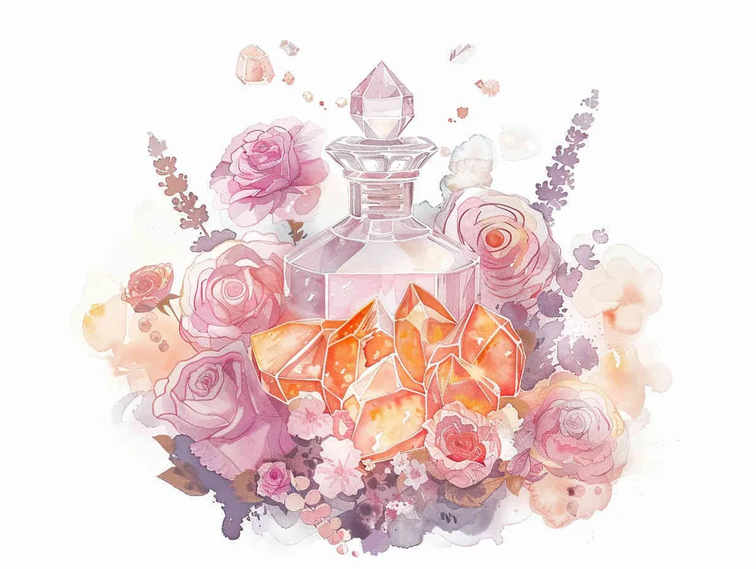 A watercolor realistic and detailed illustration of an elegant crystal bottle with orange and pink gems inside it surrounded by roses, lavender flowers and other beautiful flowers in a light blush hue and neutral calming tone. The illustration is in the style of a graphic art style, minimalist and soft lighting pastel painting hand drawing on paper with creative commons attribution and delicate details. - AI绘画作品展示 | Midjourney中文版生成