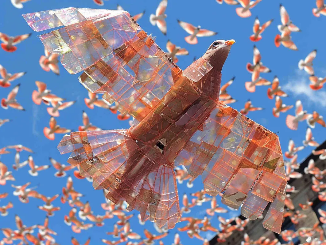 仿生的扑翼飞行器和天空中飞行的鸟群一起飞行，天空中的背景色是蓝色的，该扑翼飞行器飞行具有科技感，但同时外形又非常像周围的鸟 - style3部分