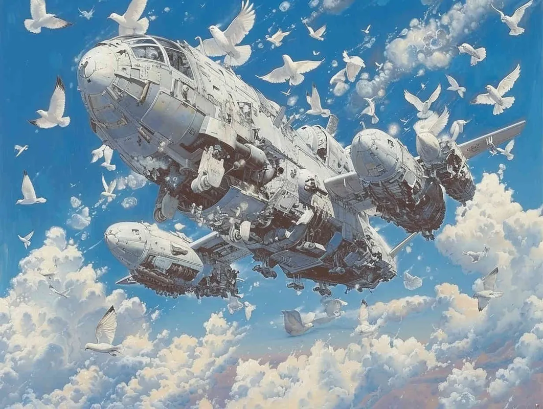 仿生的扑翼飞行器和天空中飞行的鸟群一起飞行，天空中的背景色是蓝色的，该扑翼飞行器飞行具有科技感，但同时外形又非常像周围的鸟 - style4部分