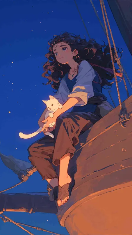 A cute girl with curly hair and big eyes, sitting on the bow of an ancient ship at night holding her white cat in the style of anime, wearing light purple long sleeves and a dark blue short-sleeved shirt. She has black high heels, brown baggy pants around her waist, a small shoulder satchel hanging from one side's arm, and a simple background - style2部分