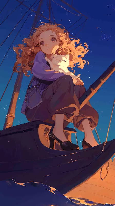 A cute girl with curly hair and big eyes, sitting on the bow of an ancient ship at night holding her white cat in the style of anime, wearing light purple long sleeves and a dark blue short-sleeved shirt. She has black high heels, brown baggy pants around her waist, a small shoulder satchel hanging from one side's arm, and a simple background - style3部分