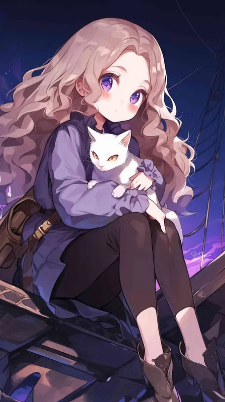 A cute girl with curly hair and big eyes, sitting on the bow of an ancient ship at night holding her white cat in the style of anime, wearing light purple long sleeves and a dark blue short-sleeved shirt. She has black high heels, brown baggy pants around her waist, a small shoulder satchel hanging from one side's arm, and a simple background - style4部分