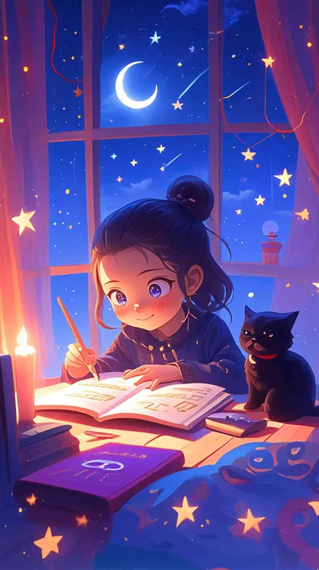 A cute little girl with big eyes is writing in her notebook, surrounded by stars and moonlight outside the window. A black cat sits next to her, listening attentively. The background features soft colors of blue, purple and pink, creating an atmosphere full of dreamy cartoon style. This illustration combines anime elements with flat illustrations, presenting high-definition images.  - style1部分