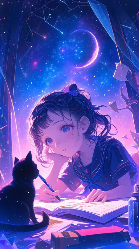A cute little girl with big eyes is writing in her notebook, surrounded by stars and moonlight outside the window. A black cat sits next to her, listening attentively. The background features soft colors of blue, purple and pink, creating an atmosphere full of dreamy cartoon style. This illustration combines anime elements with flat illustrations, presenting high-definition images.  - style2部分