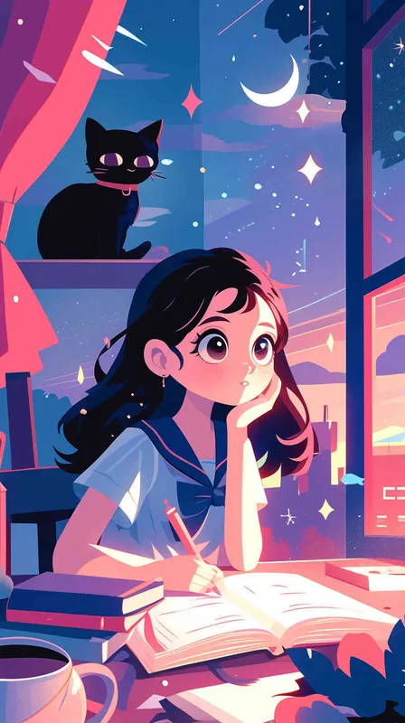 A cute little girl with big eyes is writing in her notebook, surrounded by stars and moonlight outside the window. A black cat sits next to her, listening attentively. The background features soft colors of blue, purple and pink, creating an atmosphere full of dreamy cartoon style. This illustration combines anime elements with flat illustrations, presenting high-definition images.  - style3部分