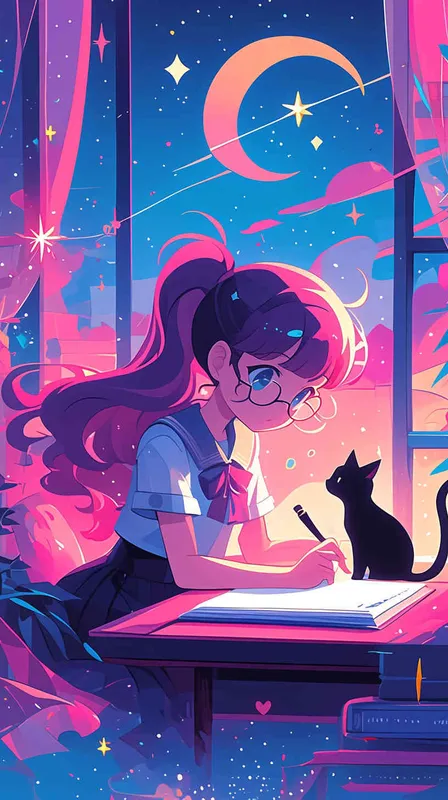 A cute little girl with big eyes is writing in her notebook, surrounded by stars and moonlight outside the window. A black cat sits next to her, listening attentively. The background features soft colors of blue, purple and pink, creating an atmosphere full of dreamy cartoon style. This illustration combines anime elements with flat illustrations, presenting high-definition images.  - style4部分