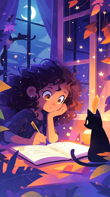 A cute little girl with  curly hair and big eyes is writing in her notebook, surrounded by stars and moonlight outside the window. A black cat sits next to her, listening attentively. The background features soft colors of blue, purple and pink, creating an atmosphere full of dreamy cartoon style. This illustration combines anime elements with flat illustrations, presenting high-definition images.  - style2部分