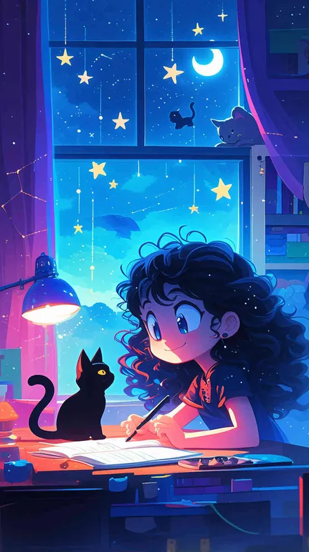A cute little girl with  curly hair and big eyes is writing in her notebook, surrounded by stars and moonlight outside the window. A black cat sits next to her, listening attentively. The background features soft colors of blue, purple and pink, creating an atmosphere full of dreamy cartoon style. This illustration combines anime elements with flat illustrations, presenting high-definition images.  - style3部分