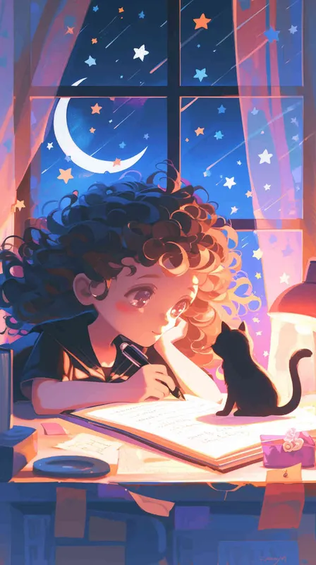 A cute little girl with  curly hair and big eyes is writing in her notebook, surrounded by stars and moonlight outside the window. A black cat sits next to her, listening attentively. The background features soft colors of blue, purple and pink, creating an atmosphere full of dreamy cartoon style. This illustration combines anime elements with flat illustrations, presenting high-definition images.  - style4部分