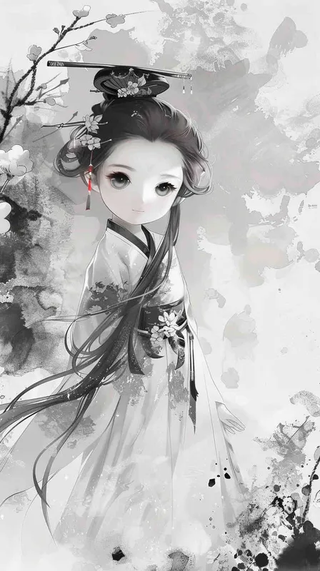 1️⃣ A cute girl in hanfu, with simple strokes and a cartoon character design style, in black and white tones with watercolor brushstrokes. The cartoon character has an ink painting style with a simple background. It is a full body portrait with charming eyes and high definition details of delicate facial features. The ink illustration is of a girl in a white Hanbok with a dark gray flower pattern, in the style of an ink painting. --ar 97:128 - style2部分
