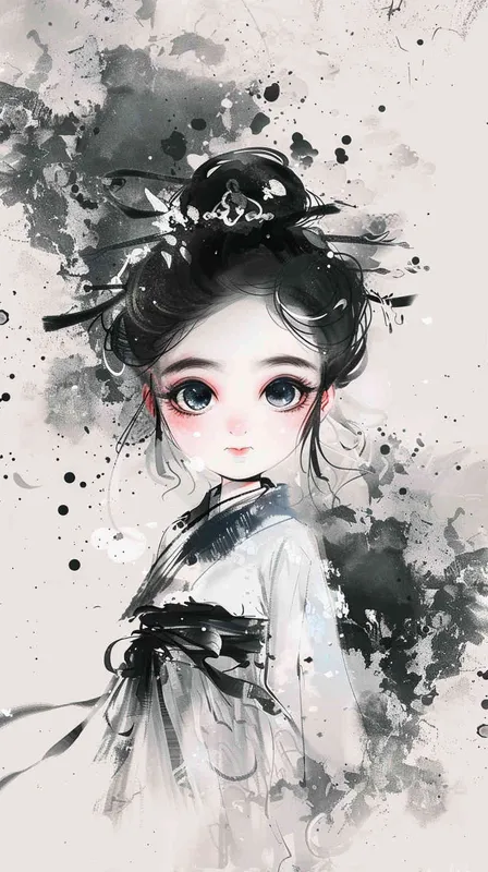 1️⃣ A cute girl in hanfu, with simple strokes and a cartoon character design style, in black and white tones with watercolor brushstrokes. The cartoon character has an ink painting style with a simple background. It is a full body portrait with charming eyes and high definition details of delicate facial features. The ink illustration is of a girl in a white Hanbok with a dark gray flower pattern, in the style of an ink painting. --ar 97:128 - style3部分