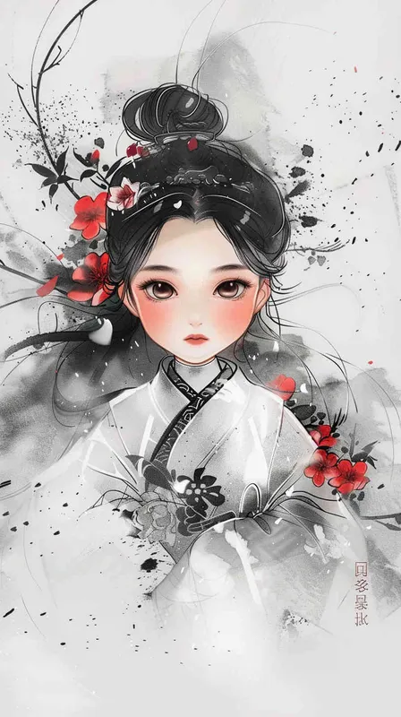 1️⃣ A cute girl in hanfu, with simple strokes and a cartoon character design style, in black and white tones with watercolor brushstrokes. The cartoon character has an ink painting style with a simple background. It is a full body portrait with charming eyes and high definition details of delicate facial features. The ink illustration is of a girl in a white Hanbok with a dark gray flower pattern, in the style of an ink painting. --ar 97:128 - style4部分