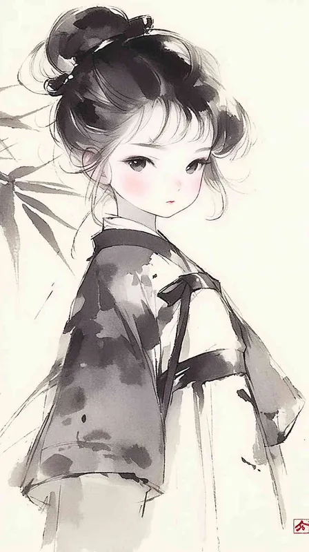 A cute girl in hanfu, with simple strokes and a cartoon character design style, in black and white tones with watercolor brushstrokes. The cartoon character has an ink painting style with a simple background. It is a full body portrait with charming eyes and high definition details of delicate facial features. The ink illustration is of a girl in a white Hanbok with a dark gray flower pattern, in the style of an ink painting.  - style1部分