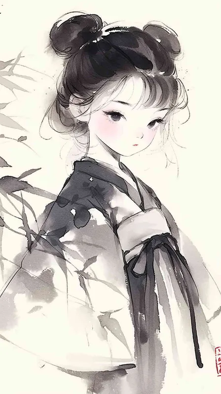 A cute girl in hanfu, with simple strokes and a cartoon character design style, in black and white tones with watercolor brushstrokes. The cartoon character has an ink painting style with a simple background. It is a full body portrait with charming eyes and high definition details of delicate facial features. The ink illustration is of a girl in a white Hanbok with a dark gray flower pattern, in the style of an ink painting.  - style2部分