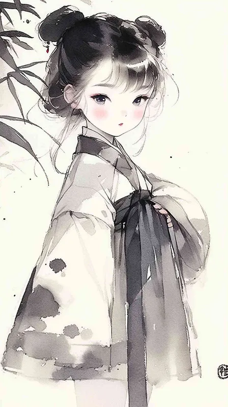 A cute girl in hanfu, with simple strokes and a cartoon character design style, in black and white tones with watercolor brushstrokes. The cartoon character has an ink painting style with a simple background. It is a full body portrait with charming eyes and high definition details of delicate facial features. The ink illustration is of a girl in a white Hanbok with a dark gray flower pattern, in the style of an ink painting.  - style3部分