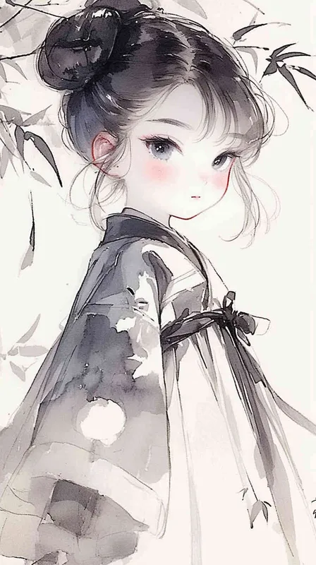 A cute girl in hanfu, with simple strokes and a cartoon character design style, in black and white tones with watercolor brushstrokes. The cartoon character has an ink painting style with a simple background. It is a full body portrait with charming eyes and high definition details of delicate facial features. The ink illustration is of a girl in a white Hanbok with a dark gray flower pattern, in the style of an ink painting.  - style4部分