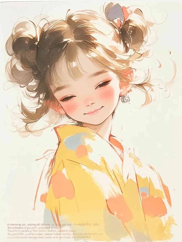 A cute little girl smiles, wearing a dress, in the style of a colorful cartoon illustration with a playful character design and soft, dreamy depictions in light yellow and dark orange using a watercolor technique on a white background with a pastel color palette.  - style2部分
