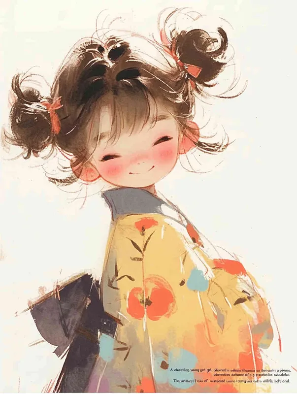 A cute little girl smiles, wearing a dress, in the style of a colorful cartoon illustration with a playful character design and soft, dreamy depictions in light yellow and dark orange using a watercolor technique on a white background with a pastel color palette.  - style3部分