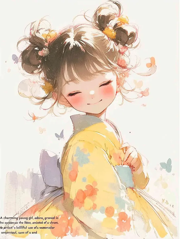 A cute little girl smiles, wearing a dress, in the style of a colorful cartoon illustration with a playful character design and soft, dreamy depictions in light yellow and dark orange using a watercolor technique on a white background with a pastel color palette.  - style4部分